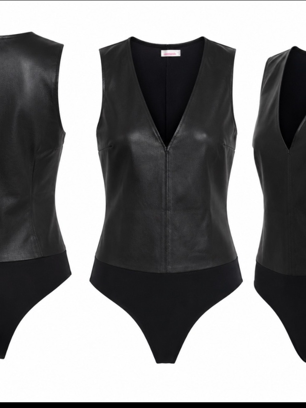 Commense Black Faux Leather V-Neck Bodysuit